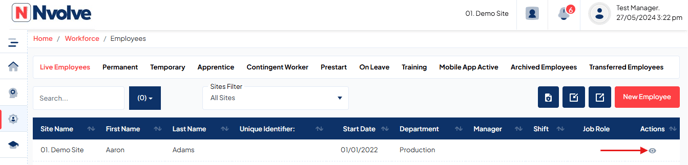 Employee list screen highlighting the view button